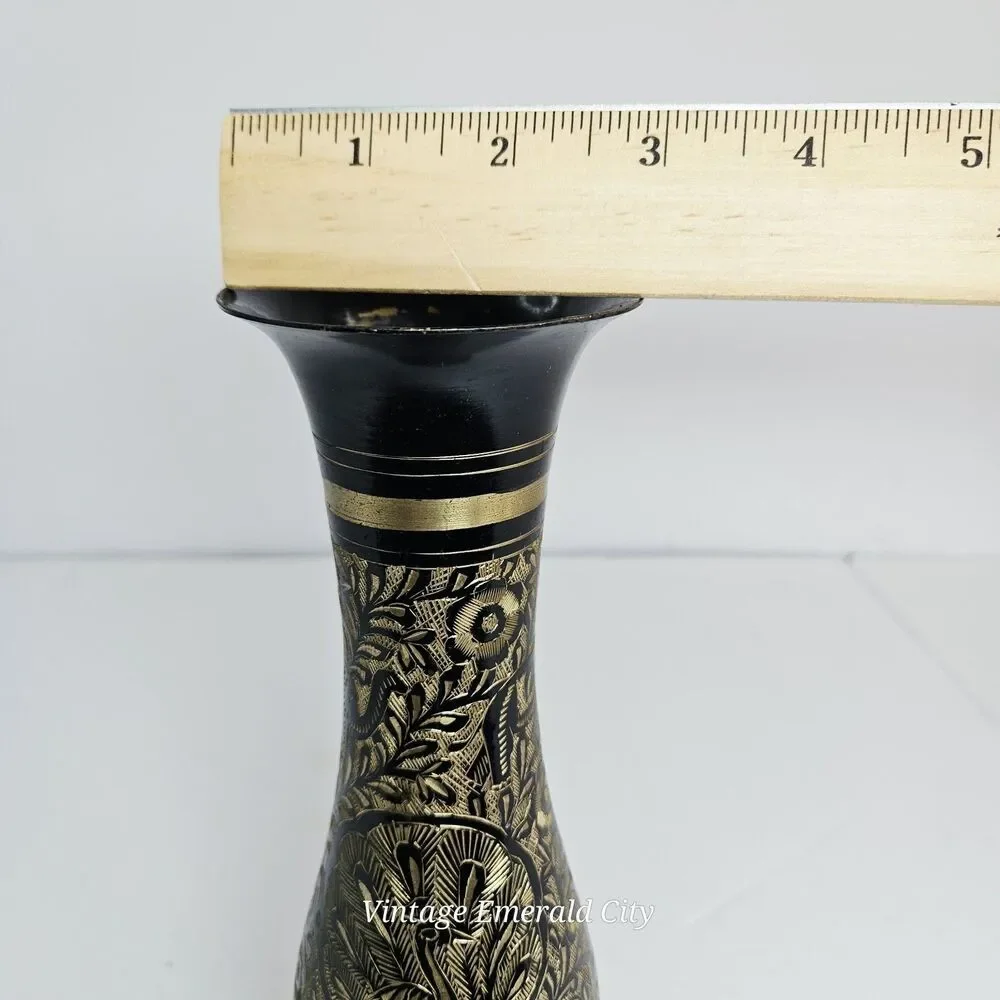 Vtg Black Gold Etched Brass Vase Peacock Floral Metalwork 9.5